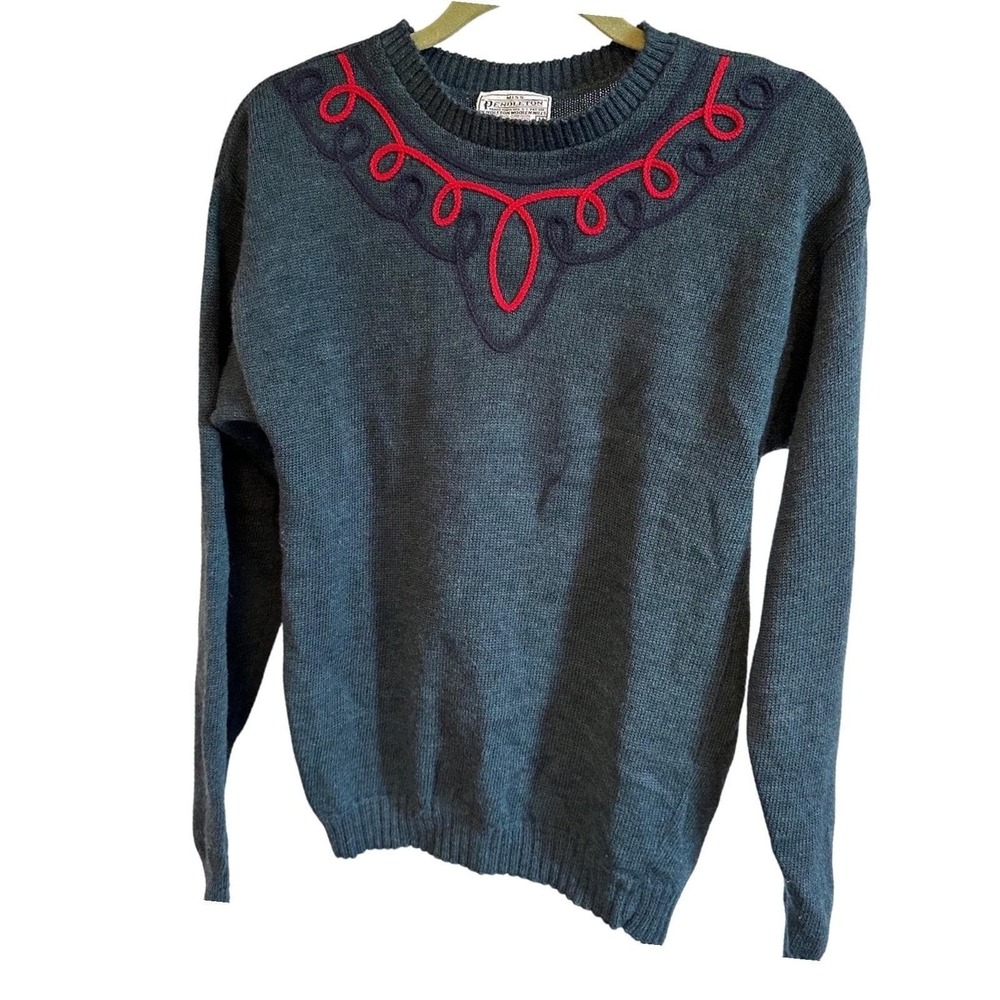 Pendleton Womens Gray Wool Pullover Sweater Red Navy Embroidered‎ Yoke Size M